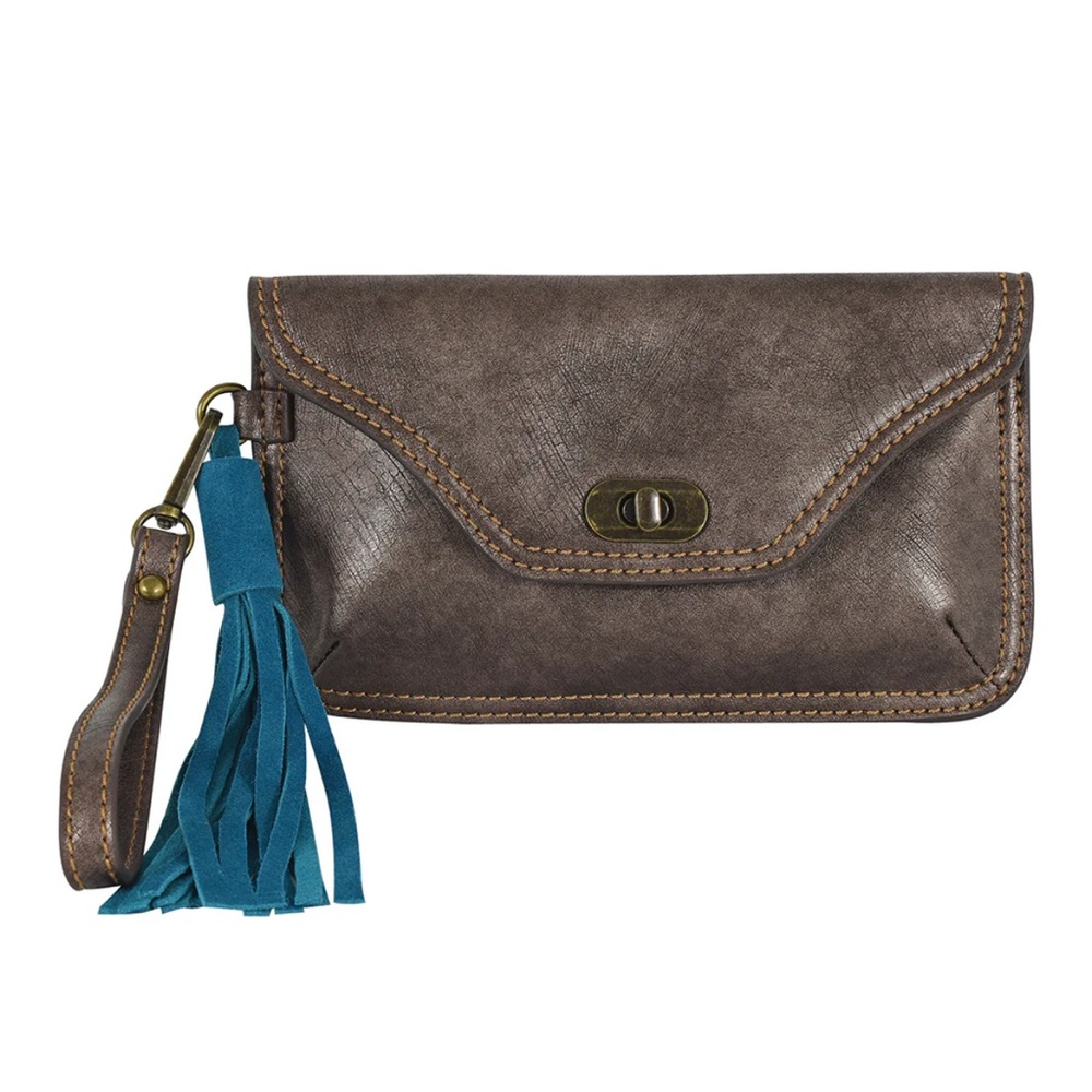 Western Brown Leather Clutch with Blue Tassel